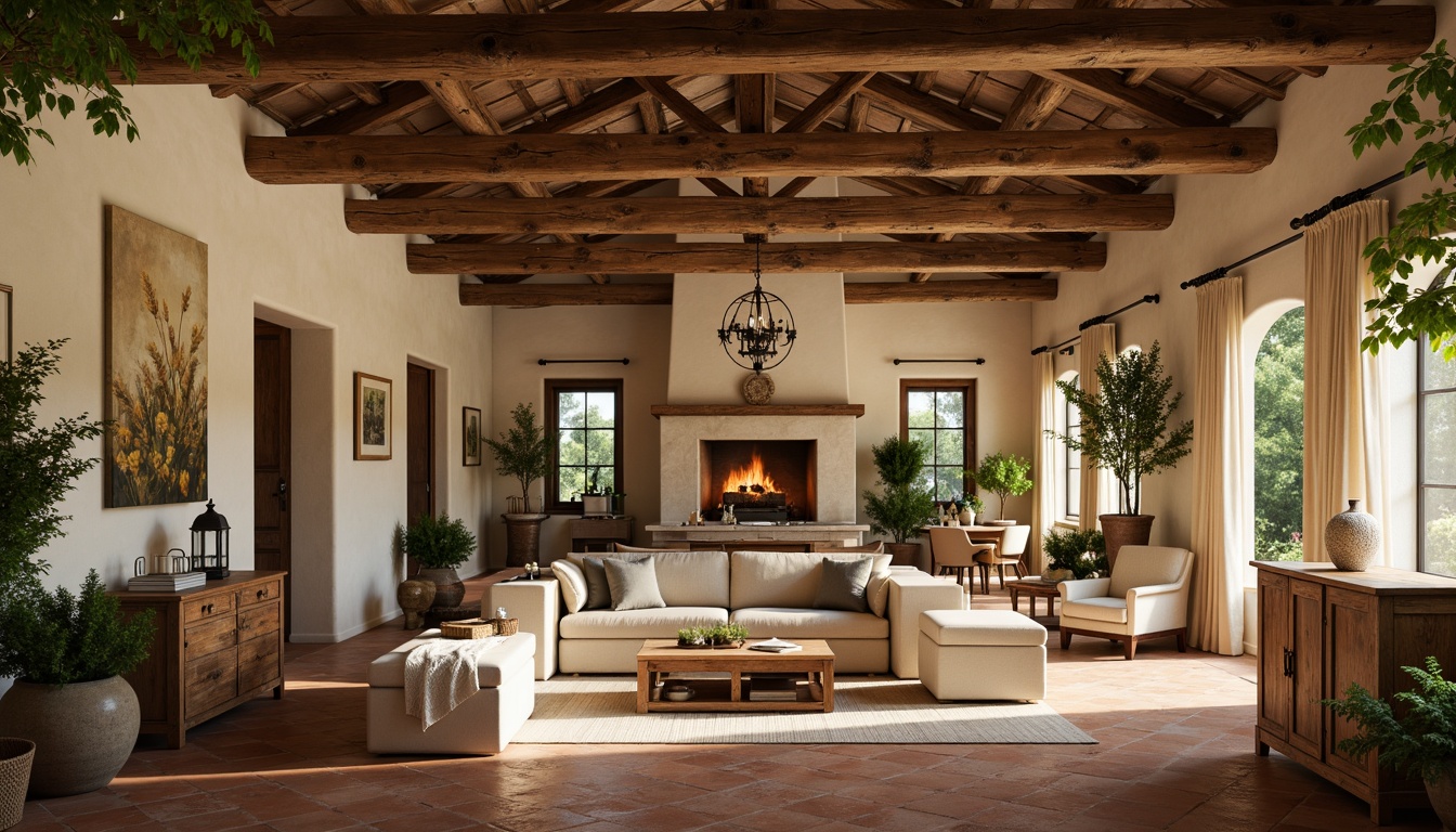 Prompt: Rustic farmhouse, distressed wood beams, soft warm lighting, vintage metal lanterns, ornate iron chandeliers, cream-colored walls, earthy terracotta floors, lush greenery, natural fabrics, linen drapes, wooden furniture, carved decorations, subtle color palette, ambient glow, warm beige tones, 1/1 composition, intimate atmosphere, cozy ambiance.