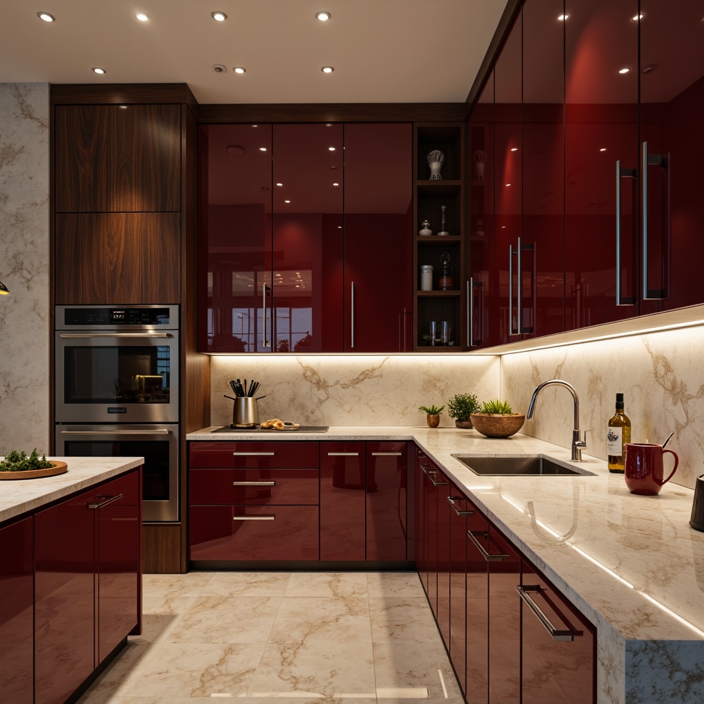 Prompt: Luxurious kitchen, contemporary style, marble countertops, burgundy cabinets, high-gloss finish, chrome hardware, ambient lighting, soft warm glow, shallow depth of field, 3/4 composition, sleek lines, minimalist design, premium materials, sophisticated textures, natural stone flooring, dark wood accents, modern appliances, spacious open layout, airy atmosphere, warm color palette.