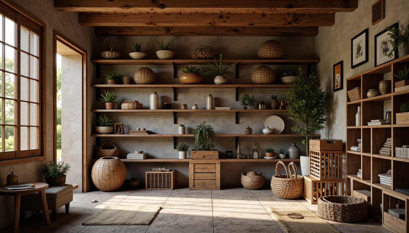 Prompt: Rustic storage room, reclaimed wood shelves, industrial metal brackets, earthy tone walls, stone flooring, vintage decorative items, wooden crates, woven baskets, distressed finishes, natural light pouring in, soft warm ambiance, shallow depth of field, 1/1 composition, realistic textures, ambient occlusion.