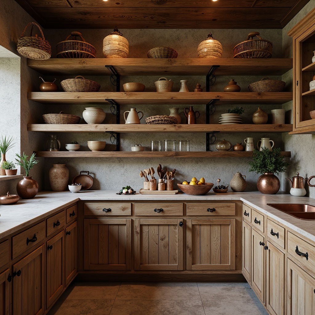 Prompt: Rustic pantry, reclaimed wood shelves, vintage metal brackets, wicker baskets, ceramic jars, copper accents, earthy color palette, natural stone countertops, distressed finishes, ornate metal hardware, soft warm lighting, shallow depth of field, 1/1 composition, realistic textures, ambient occlusion.