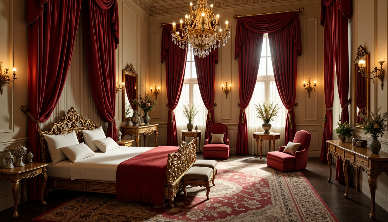 Prompt: Opulent boudoir, lavish drapery, intricately carved wooden furniture, gilded accents, ornate mirrors, plush velvet upholstery, delicate porcelain vases, soft candlelight, warm beige walls, intricate floor patterns, Baroque-inspired architectural details, grand chandeliers, luxurious fabrics, rich jewel tones, romantic atmosphere, shallow depth of field, 1/1 composition, warm golden lighting.