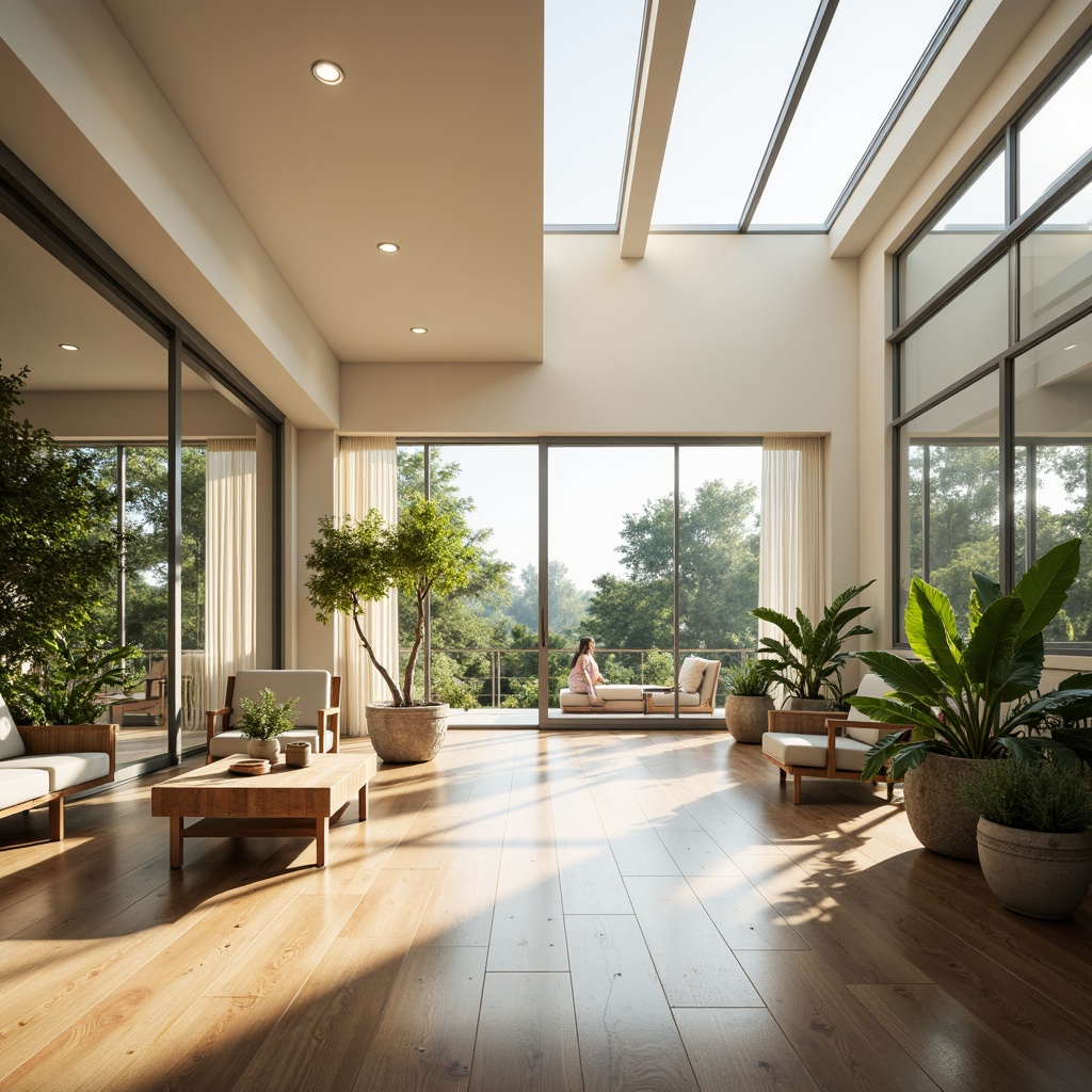 Prompt: Bright airy interior, large windows, sliding glass doors, high ceilings, clerestory windows, natural light pouring in, warm sunbeams, soft diffused lighting, minimal artificial illumination, reflective surfaces, polished wood floors, white walls, minimalist decor, verdant plants, calm ambiance, peaceful atmosphere, shallow depth of field, 1/1 composition, realistic textures, ambient occlusion.