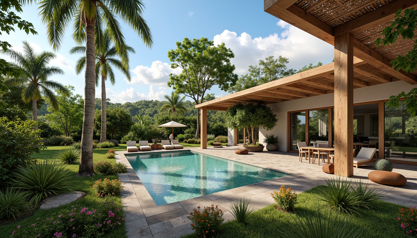 Prompt: Tropical modern villa, large overhanging eaves, clerestory windows, sliding glass doors, lush greenery, vibrant flowers, natural stone walls, wooden accents, open-plan living area, high ceilings, airy atmosphere, warm sunny day, soft diffused lighting, shallow depth of field, 3/4 composition, panoramic view, realistic textures, ambient occlusion.