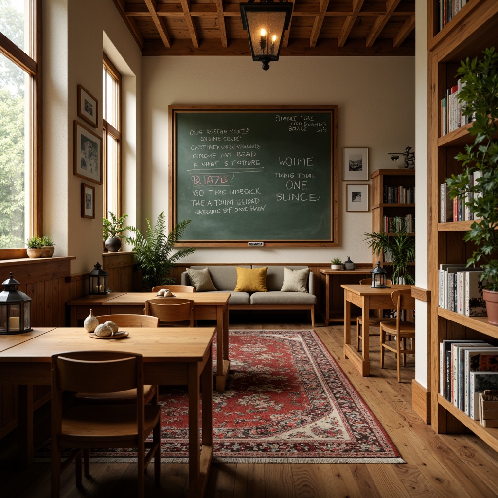 Prompt: Rustic wooden desks, vintage chalkboards, warm beige walls, traditional school chairs, classic lantern lighting, cozy reading nooks, plush area rugs, natural wood accents, earthy color palette, softbox lighting, shallow depth of field, 1/2 composition, realistic textures, ambient occlusion, educational posters, motivational quotes, wooden bookshelves, comfortable sofas, modern technology integration, interactive whiteboards, collaborative learning spaces.