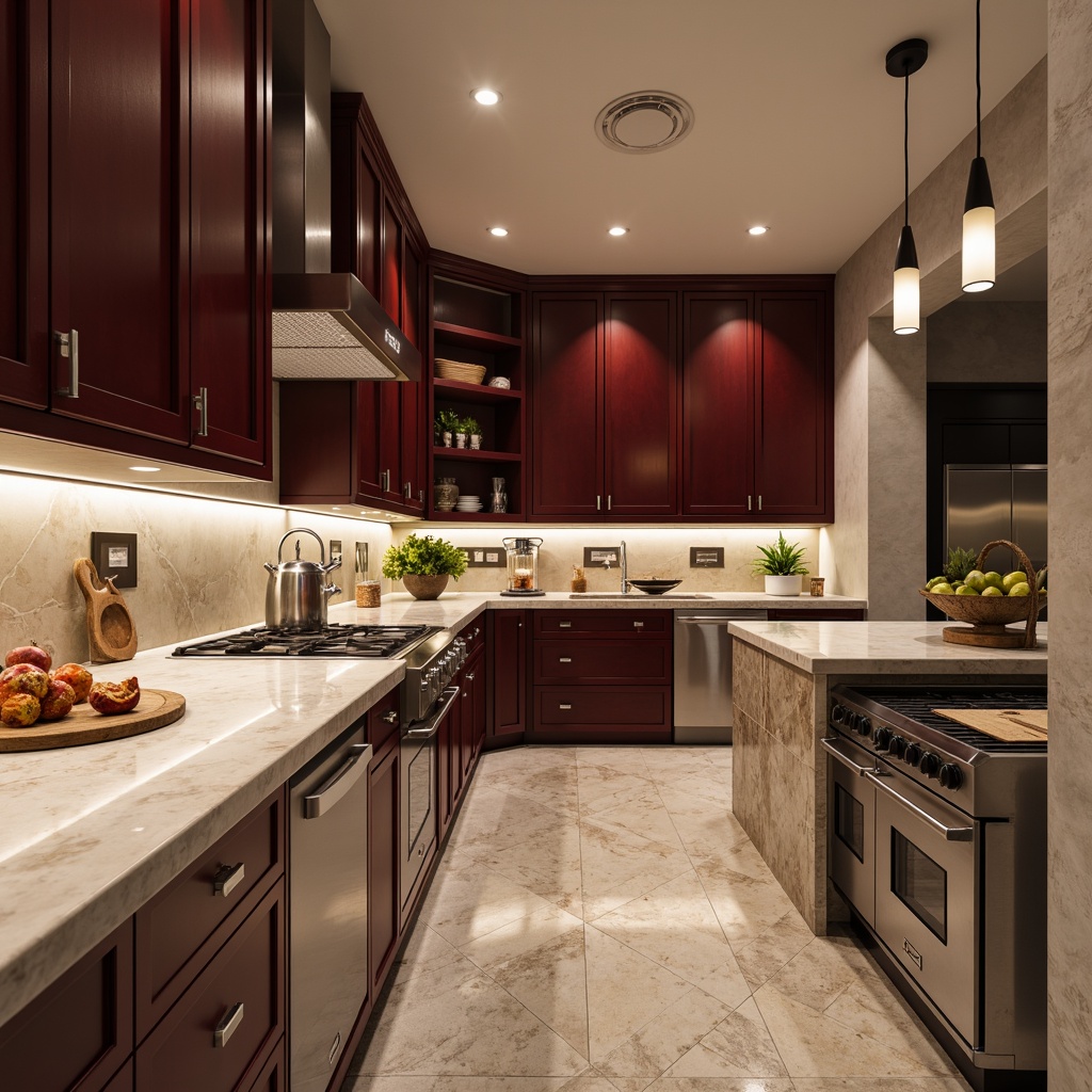 Prompt: Luxurious kitchen, contemporary style, sophisticated countertops, marble surfaces, burgundy accent walls, high-gloss cabinets, stainless steel appliances, pendant lighting, polished chrome fixtures, natural stone flooring, warm earthy tones, rich textures, shallow depth of field, 1/1 composition, realistic reflections, ambient occlusion.