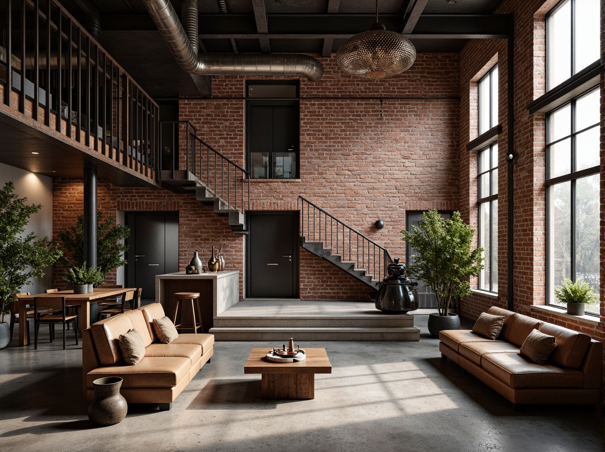 Prompt: Industrial chic interior, exposed brick walls, metallic beams, reclaimed wood accents, distressed concrete floors, industrial-style lighting fixtures, metal mesh ceilings, rugged stone surfaces, worn leather furniture, vintage machinery parts, urban loft atmosphere, soft natural light, warm color palette, shallow depth of field, 1/1 composition, realistic textures, ambient occlusion.