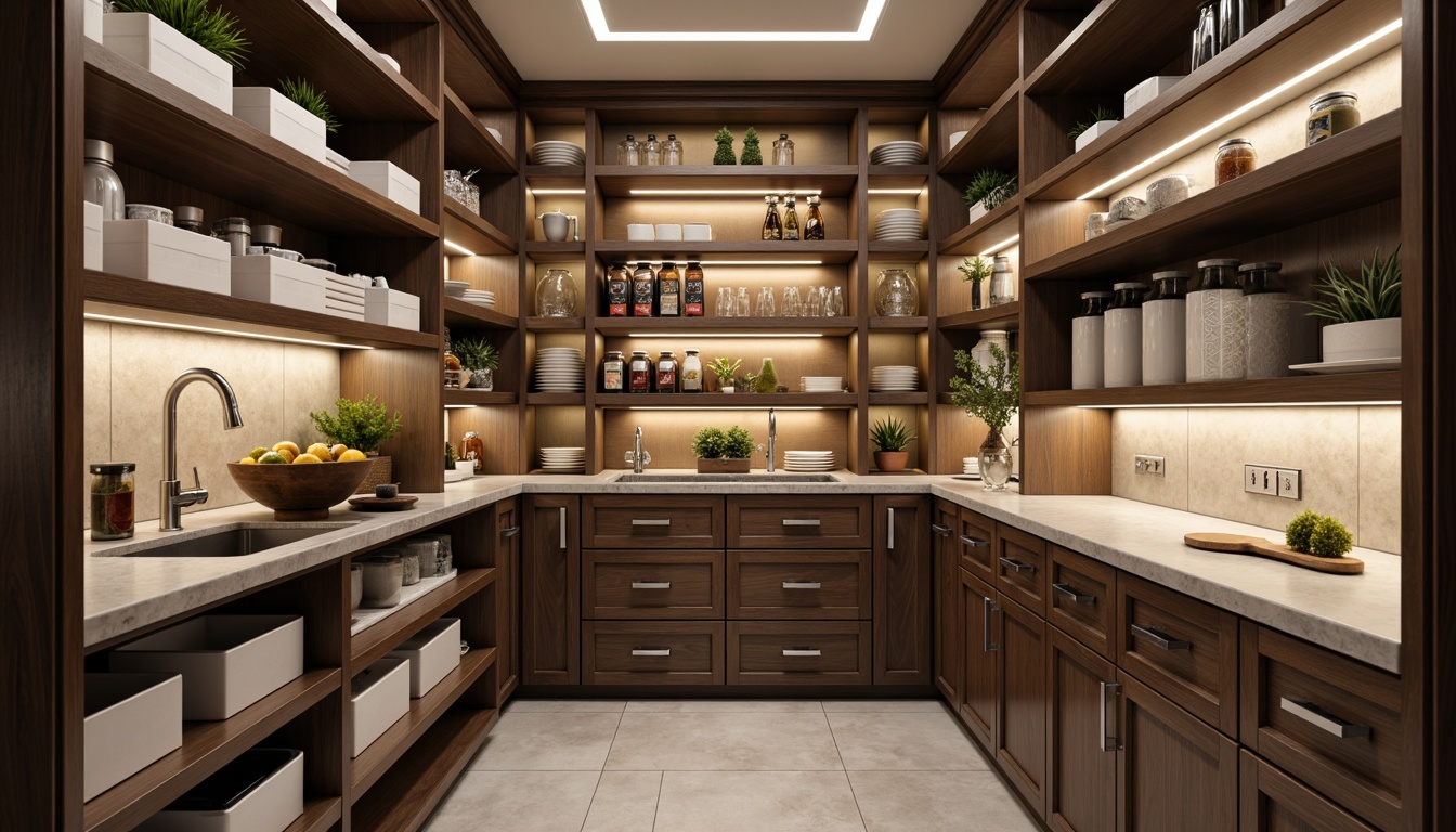 Prompt: Modern pantry, sleek shelving units, adjustable storage racks, pull-out baskets, chrome handles, wooden accents, soft-close drawers, LED lighting, geometric patterns, minimalist design, optimized corner spaces, rotating carousel shelves, spice rack organizers, canister storage, floor-to-ceiling installation, wall-mounted systems, ergonomic design, satin nickel finishes, warm ambient lighting, shallow depth of field, 1/1 composition, realistic textures.