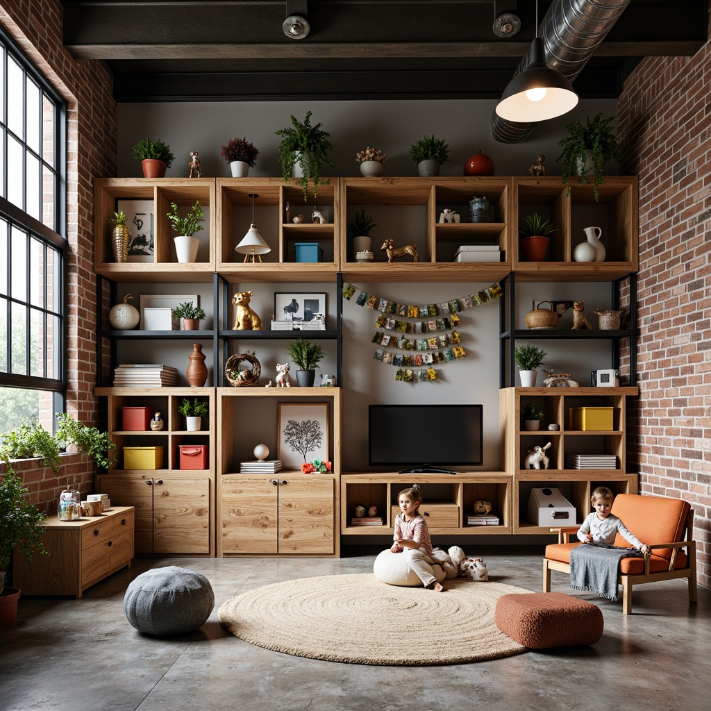 Prompt: Industrial-style kids' room, urban loft atmosphere, reclaimed wood furniture, metal beams, exposed brick walls, concrete floors, functional storage units, modular shelving systems, colorful bins and baskets, whimsical kid-friendly decorations, eclectic art pieces, rustic wooden crates, industrial-chic lighting fixtures, matte black metal frames, cozy reading nooks, plush area rugs, warm task lighting, 3/4 composition, shallow depth of field, realistic textures, ambient occlusion.