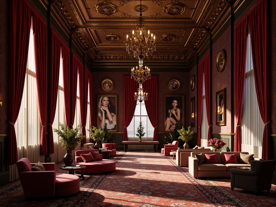 Prompt: Luxurious velvet drapes, rich gold accents, ornate carvings, grand chandeliers, opulent furnishings, majestic architecture, warm candlelight, soft shadows, dramatic contrast, bold color scheme, deep jewel tones, rich berry hues, lavish metallic finishes, intricate patterns, textured fabrics, regal atmosphere, ornamental details, sumptuous ambiance, 1/2 composition, atmospheric perspective, warm golden lighting, high-contrast rendering.