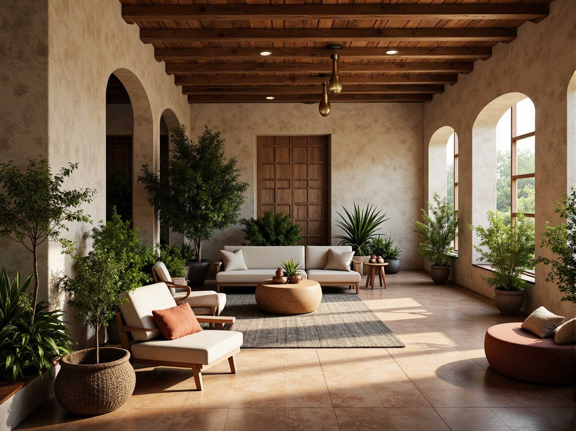 Prompt: Richly textured walls, warm beige tones, creamy whites, deep blues, earthy terracotta, lush greenery, vibrant floral accents, metallic gold hardware, soft warm lighting, cozy atmospheric glow, 1/1 composition, shallow depth of field, realistic textures, ambient occlusion.