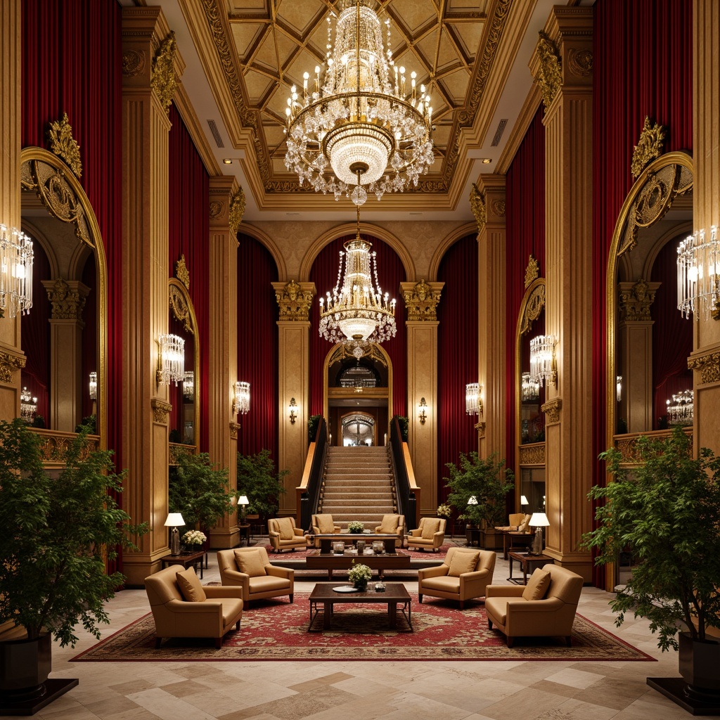 Prompt: Grand hotel lobby, ornate chandeliers, intricate wood carvings, gilded mirrors, lavish furnishings, velvet drapes, golden accents, marble floors, sweeping staircases, dramatic archways, high ceilings, crystal fixtures, luxurious textiles, rich jewel tones, soft warm lighting, shallow depth of field, 3/4 composition, symmetrical arrangement, opulent ambiance, realistic reflections.