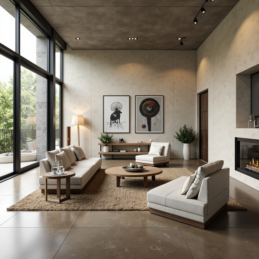 Prompt: Minimalist living room, polished concrete floors, industrial chic aesthetic, sleek low-profile furniture, neutral color palette, geometric patterns, metallic accents, floor-to-ceiling windows, abundant natural light, urban loft atmosphere, modern art pieces, LED lighting, sparse greenery, textured area rugs, warm beige tones, subtle sheen finish, 1/1 composition, shallow depth of field, realistic reflections.