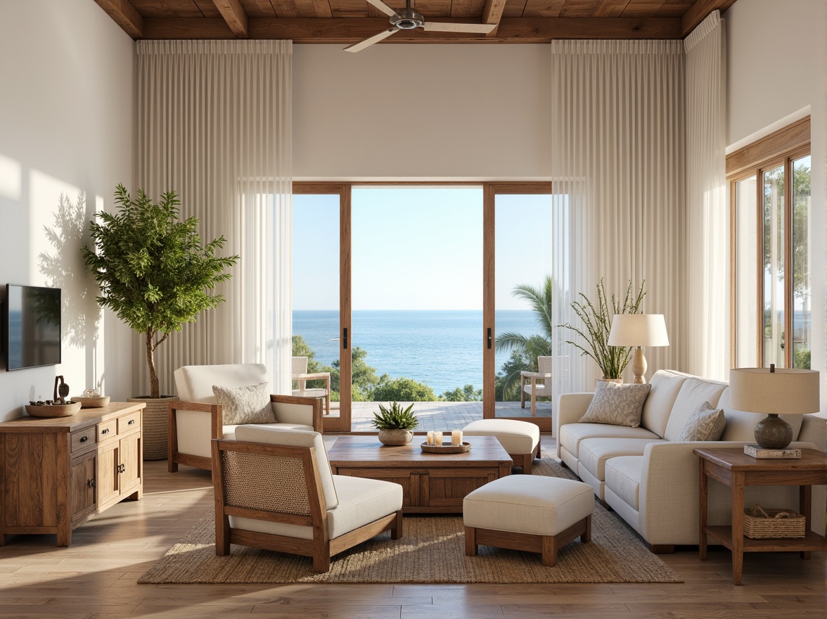 Prompt: Coastal living room, soft warm glow, table lamps with natural linen shades, floor lamps with driftwood bases, pendant lights in glass and rope, nautical-themed sconces, LED candles, distressed wood accents, ocean-inspired colors, sea salt whites, sandy neutrals, calming blues, natural textiles, woven fibers, rattan furniture, wicker chairs, jute rugs, beachy vibe, airy atmosphere, sheer curtains, transparent blinds, sunny day, soft filtered light, 1/1 composition, realistic textures, ambient occlusion.