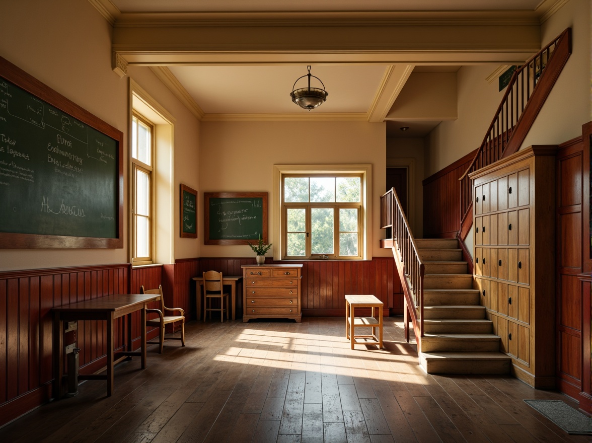 Prompt: Classic schoolhouse, warm beige walls, rich wooden accents, vintage chalkboards, traditional lockers, nostalgic staircases, earthy brown floors, soft natural lighting, serene atmosphere, harmonious color scheme, muted reds, gentle yellows, soothing blues, creamy whites, elegant typography, ornate moldings, rustic wood tones, subtle texture variations, warm golden hour, shallow depth of field, 2/3 composition, inviting entranceways.