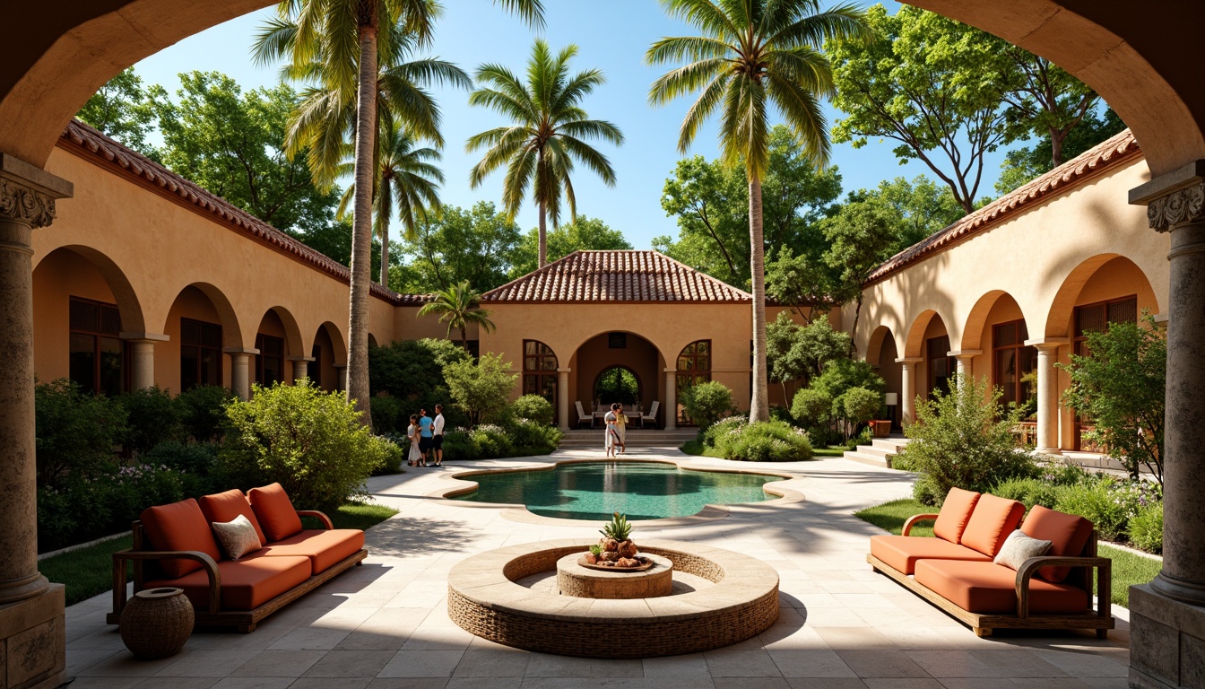 Prompt: Tropical monastery, lush greenery, exotic palm trees, curved archways, ornate stone carvings, wooden shutters, terra cotta roofs, stucco walls, vibrant floral patterns, natural textiles, woven bamboo furniture, rustic wood accents, serene courtyard, tranquil water features, soft warm lighting, shallow depth of field, 3/4 composition, panoramic view, realistic textures, ambient occlusion.