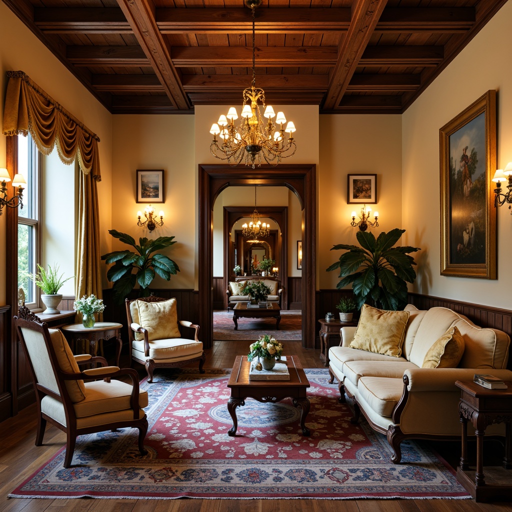 Prompt: Cozy living room, rich wood tones, ornate furnishings, plush velvet sofas, intricately carved wooden chairs, antique decorative items, lavish chandeliers, warm golden lighting, soft cream-colored walls, luxurious Persian rugs, classic interior architecture, symmetrical composition, 1/1 aspect ratio, shallow depth of field, warm beige colors, inviting atmosphere, traditional English country style.