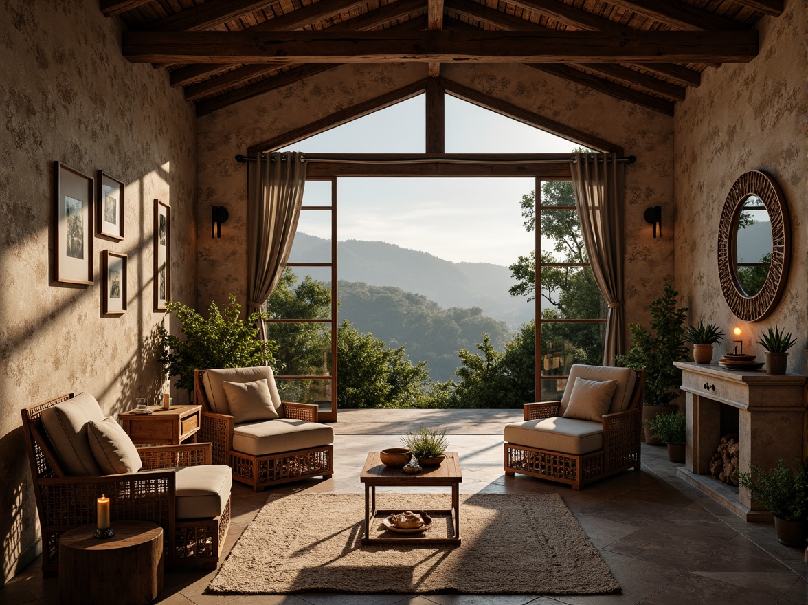 Prompt: Rustic stone walls, wooden beams, distressed finishes, vintage decor, soft candlelight, earthy color palette, natural fabrics, woven textiles, ornate metalwork, elegant furnishings, classic architectural details, rolling hills, lush greenery, serene landscape, misty morning, warm golden lighting, shallow depth of field, 1/2 composition, realistic textures, ambient occlusion.