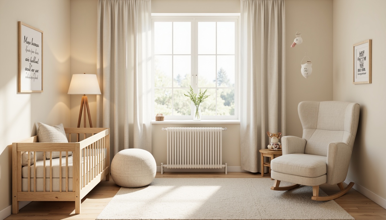 Prompt: Cozy baby room, soft cream walls, plush area rug, warm beige furniture, comfortable glider rocker, natural wood crib, white linen drapes, gentle morning light, subtle fabric textures, minimalist decor, calming color palette, rounded edges, smooth surfaces, nursery rhyme wall art, delicate mobiles, pastel hues, warm LED floor lamp, serene ambiance, shallow depth of field, 1/1 composition, soft focus, realistic rendering.