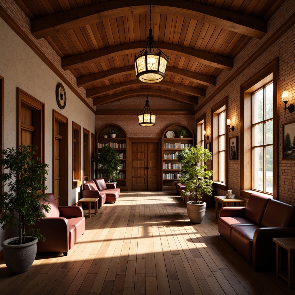 Prompt: Warm traditional school interior, wooden accents, rich wood tones, ornate chandeliers, classic pendant lights, elegant sconces, warm soft lighting, cozy reading nooks, comfortable seating areas, vintage-inspired furniture, rustic brick walls, large windows, natural daylight, subtle shadows, shallow depth of field, 3/4 composition, realistic textures, ambient occlusion.