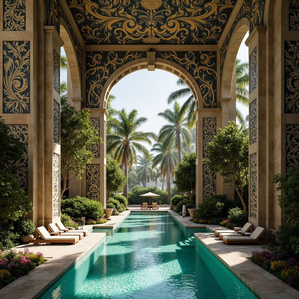 Prompt: Intricate tile patterns, swirling aquatic motifs, iridescent glass mosaics, shimmering turquoise hues, ornate metalwork details, flowing organic shapes, majestic pool arches, luxurious lounge chairs, lush greenery surroundings, vibrant floral arrangements, sun-kissed deck areas, warm golden lighting, soft rippling water effects, 1/1 composition, dramatic spotlighting, realistic reflections, ambient misting systems.