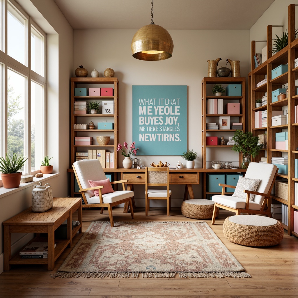 Prompt: Vibrant craft room, warm wooden furniture, pastel-colored storage bins, inspirational quotes, creative workspace, natural light, soft beige walls, calming blue accents, pop of coral pink, textured rugs, woven baskets, eclectic decorative items, artistic supplies, colorful fabric scraps, DIY projects, organized shelves, rustic wood tones, cozy atmosphere, warm white lighting, 1/2 composition, intimate setting.