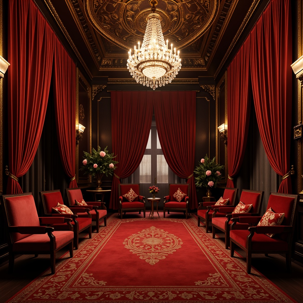 Prompt: Luxurious velvet curtains, rich red carpeting, golden ornate details, elegant crystal chandeliers, sophisticated dark wood accents, plush crimson seats, dramatic spotlighting, soft warm glow, intimate atmosphere, Baroque-inspired patterns, lavish drapery, opulent furnishings, majestic high ceilings, intricate moldings, subtle texture variations, 1/1 composition, shallow depth of field, realistic renderings.