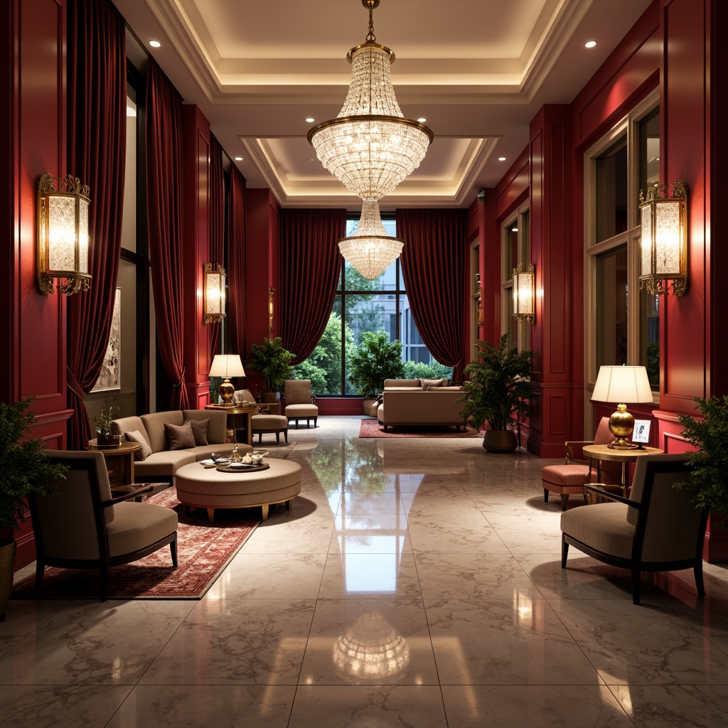 Prompt: Luxurious marble floors, rich burgundy walls, elegant gold accents, sophisticated modern furniture, refined crystal chandeliers, soft warm ambient lighting, subtle cool tone spotlights, dramatic floor-to-ceiling curtains, lavish velvet drapes, opulent crystal sconces, ornate metal fixtures, high-contrast natural light, cinematic 3-point lighting, shallow depth of field, 1/2 composition, realistic textures, atmospheric rendering.