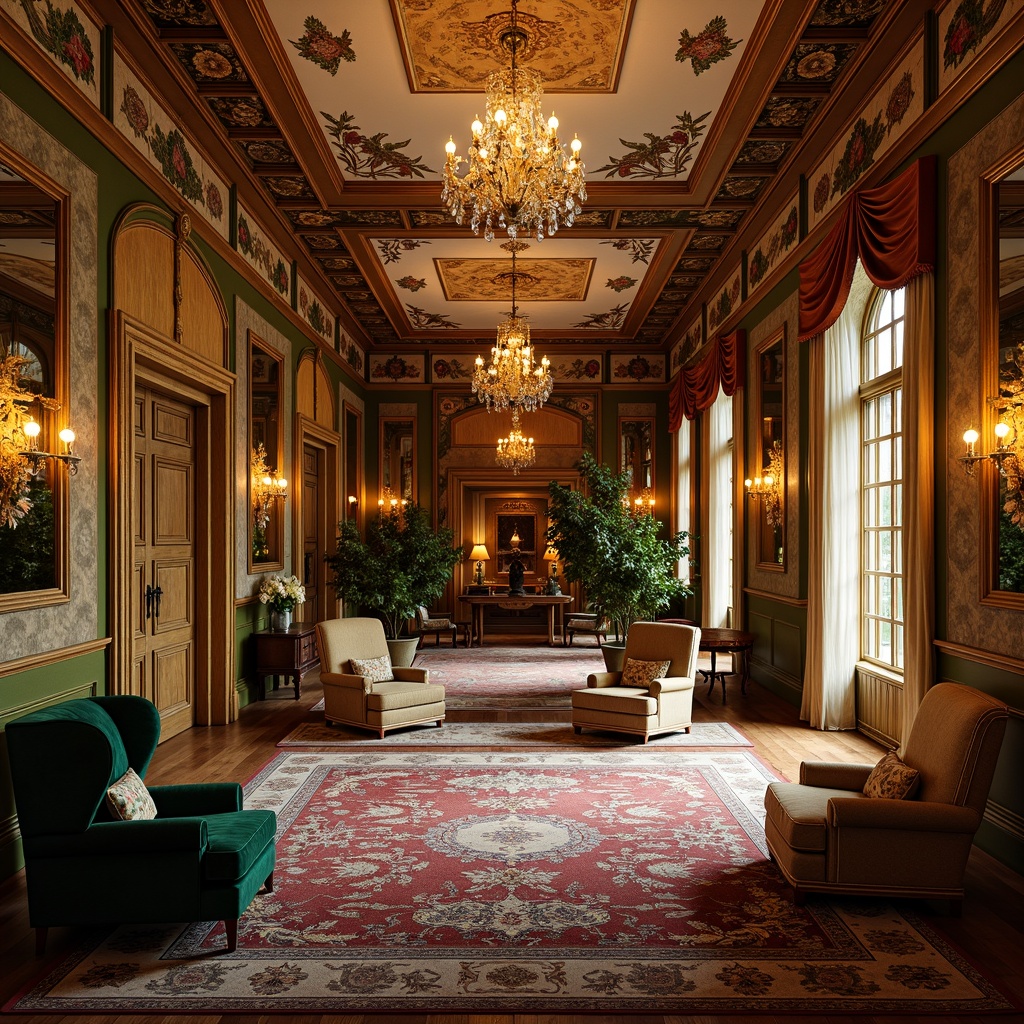 Prompt: Richly ornamented interior, warm golden lighting, lavish furnishings, plush velvet fabrics, intricately patterned rugs, ornate wooden paneling, decorative moldings, crystal chandeliers, opulent drapery, heavy silk curtains, luxurious wall upholstery, rich jewel-toned colors, emerald green, sapphire blue, ruby red, amber yellow, soft creamy whites, warm beige tones, subtle sheen finishes, detailed stenciling, Victorian-era inspired motifs, floral patterns, foliage-inspired designs, ornate plasterwork, grandiose ceiling decorations.