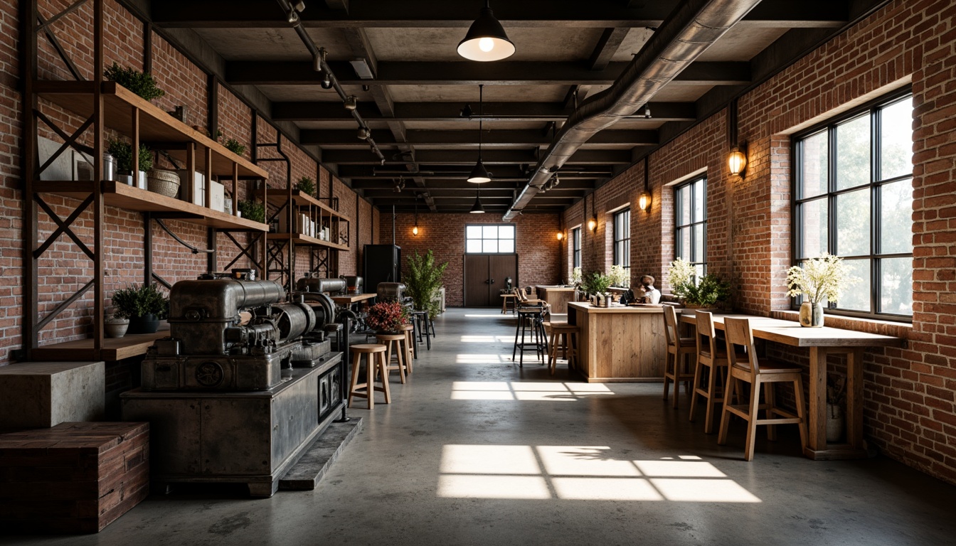 Prompt: Industrial interior, exposed brick walls, metal beams, concrete floors, distressed wood accents, vintage machinery, functional pipes, metallic ladders, reclaimed wood shelves, industrial lighting fixtures, Edison bulbs, urban loft atmosphere, high ceilings, open spaces, natural light pouring in, warm color palette, atmospheric shadows, soft focus, 1/2 composition, cinematic mood.