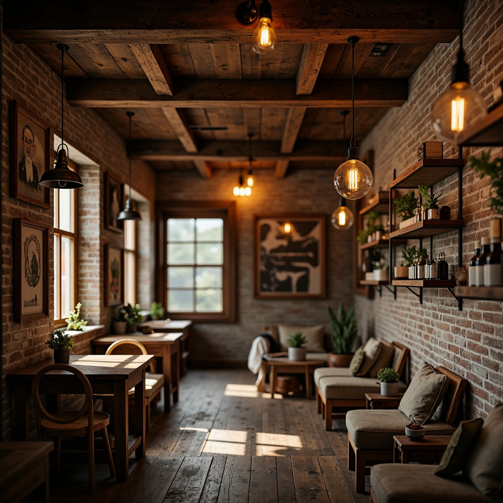 Prompt: Rustic farmhouse, vintage Art Deco accents, distressed wood beams, exposed brick walls, metal lanterns, pendant lighting, industrial chic fixtures, Edison bulb chandeliers, reclaimed wood shelves, ornate metal details, warm earthy tones, cozy ambiance, soft warm glow, dramatic shadows, layered lighting, 3/4 composition, shallow depth of field, realistic textures, ambient occlusion.