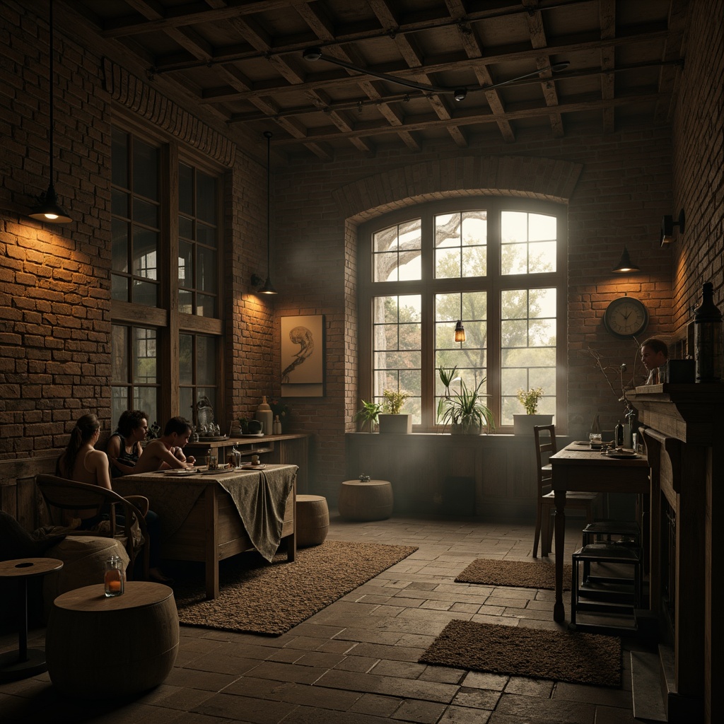 Prompt: Earthy tone, organic textures, natural materials, reclaimed wood, exposed brick, rough-hewn stone, distressed finishes, industrial chic, moody lighting, atmospheric fog, mysterious shadows, cinematic composition, 3/4 frame, warm color palette, earthy scent, nostalgic ambiance.