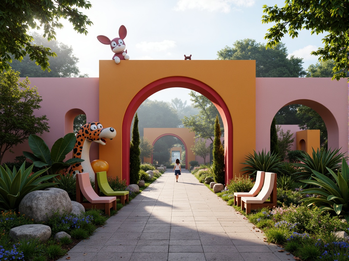 Prompt: Vibrant zoo entrance, playful animal sculptures, bold color blocking, whimsical landscaping, winding walkways, natural stone walls, eclectic architecture, oversized gates, dramatic archways, dynamic lighting, foggy misting, 1/2 composition, shallow depth of field, warm vibrant colors, abstract textures, ambient occlusion, tropical plants, exotic flowers, animal-shaped benches, quirky signage, interactive exhibits.