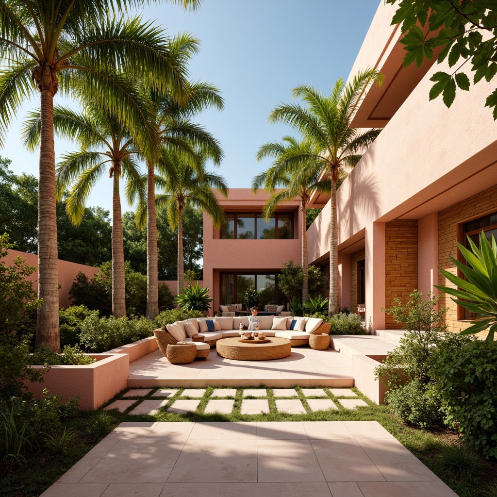 Prompt: Vibrant tropical colors, exotic palm trees, lush greenery, natural textures, woven rattan furniture, wooden accents, bamboo wall finish, warm beige stucco, coral-inspired hues, sunny day, soft warm lighting, shallow depth of field, 3/4 composition, panoramic view, realistic textures, ambient occlusion.