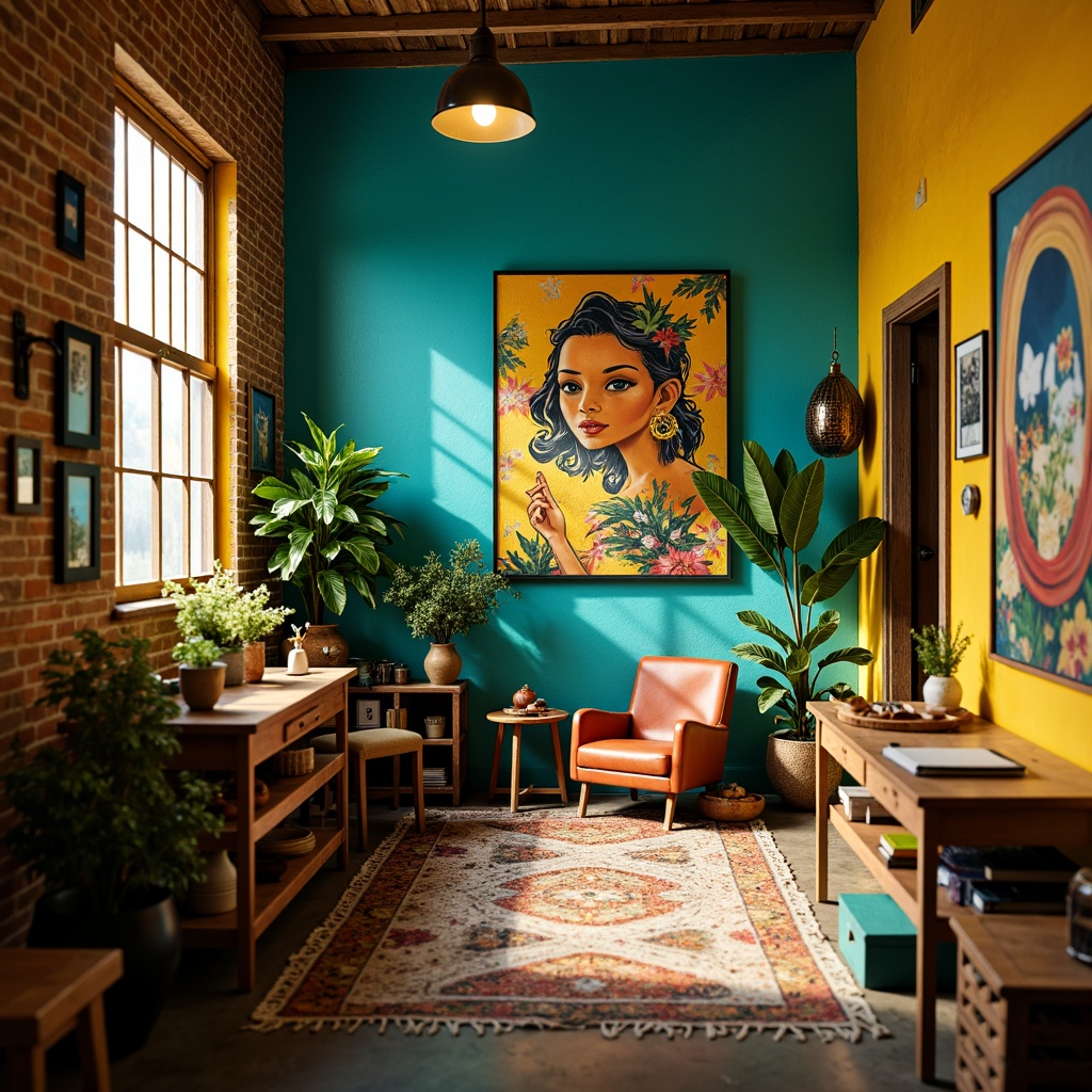 Prompt: Vibrant art studio, eclectic bohemian decor, rich turquoise walls, bold yellow accents, distressed wood textures, industrial metal fixtures, reclaimed wood furniture, natural fiber rugs, abstract artwork, whimsical patterns, warm golden lighting, soft focus blur, 3/4 composition, moody atmosphere, dramatic shadows.