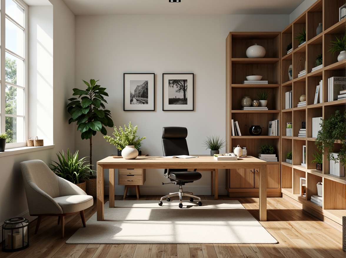 Prompt: Efficient home office, wooden desk, ergonomic chair, ample storage, bookshelves, green plants, natural light, airy atmosphere, minimalist decor, calm colors, functional layout, optimal workflow, sufficient legroom, comfortable seating, task-oriented lighting, organized workspace, clutter-free environment, modern furniture design, sleek lines, compact shapes, multi-functional pieces, space-saving solutions, harmonious color scheme, soft warm lighting, shallow depth of field, 1/1 composition.