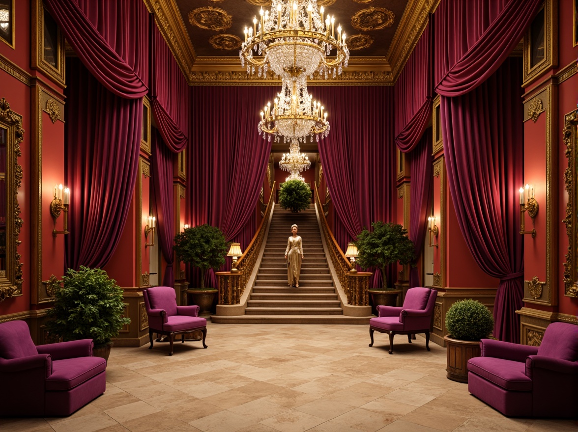 Prompt: Rich velvet drapes, ornate gold frames, luxurious silk fabrics, warm beige marble floors, intricate wooden carvings, lavish crystal chandeliers, opulent crimson red walls, gilded mirrors, regal purple upholstery, lavish golden accents, soft candlelight, dramatic high ceilings, grandiose staircase, elegant curved lines, richly textured tapestries, classic Renaissance-inspired patterns, subtle sfumato effects, cinematic 3/4 composition, warm ambient lighting.