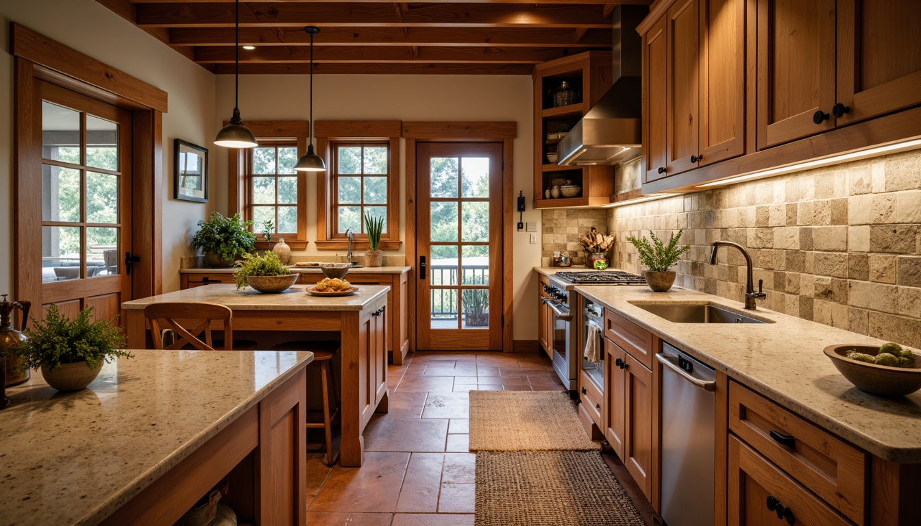 Prompt: Warm traditional kitchen, rustic wooden cabinets, creamy granite countertops, classic ceramic tiles, earthy brick red flooring, distressed wood planks, vintage bronze hardware, soft warm lighting, cozy atmosphere, farmhouse sink, natural stone backsplash, woven jute rug, 3/4 composition, shallow depth of field, realistic textures.