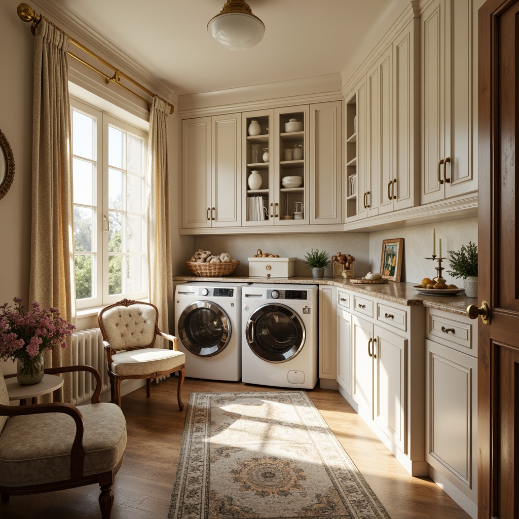 Prompt: Elegant laundry room, classic interior design, soft warm lighting, creamy white cabinets, ornate golden hardware, plush area rugs, rich wood accents, vintage-inspired washing machines, distressed finishes, natural stone countertops, subtle patterns, gentle color palette, velvet drapes, antique furniture pieces, luxurious fabrics, intricate embroidery, lace trim, tufted upholstery, ornamental mirrors, delicate florals, romantic ambiance, warm beige tones, soft focus, shallow depth of field, 1/1 composition.