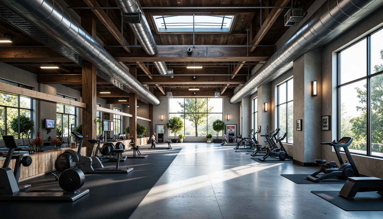 Prompt: Well-lit gym interior, high ceilings, industrial ventilation systems, metal ductwork, suspended lighting fixtures, polished concrete floors, mirrored walls, rubber flooring, athletic equipment, free weights, treadmills, exercise bikes, rowing machines, fresh air circulation, natural light pouring in, large windows, skylights, climate control systems, air purification units, dehumidifying devices, optimal temperature range, gentle breezes, soft shadows, 1/2 composition, warm color tones, realistic textures, subtle ambient noise.