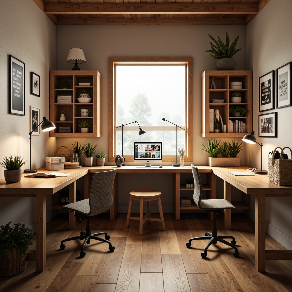 Prompt: Cozy craft room, wooden workbenches, ergonomic stools, adjustable task lamps, natural wood textures, minimal ornamentation, functional storage cabinets, compact shelving units, built-in desk organizers, inspirational quotes, soft warm lighting, shallow depth of field, 1/1 composition, realistic renderings, ambient occlusion.