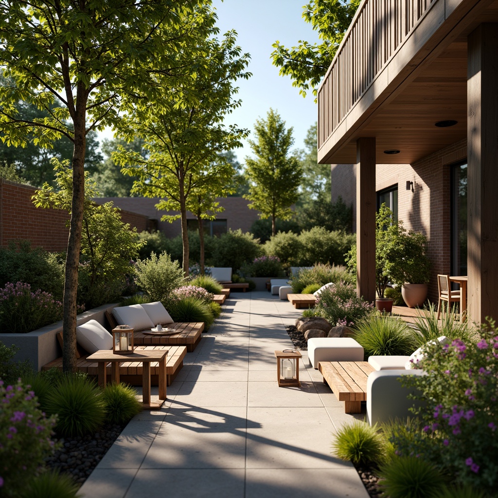 Prompt: Cozy patio, lush greenery, vibrant flowers, rustic wooden benches, warm lanterns, soft outdoor lighting, natural stone pathways, modern minimalist furniture, comfortable cushions, refreshing water features, serene ambiance, afternoon sunbeams, gentle breeze, 1/1 composition, shallow depth of field, realistic textures, ambient occlusion.