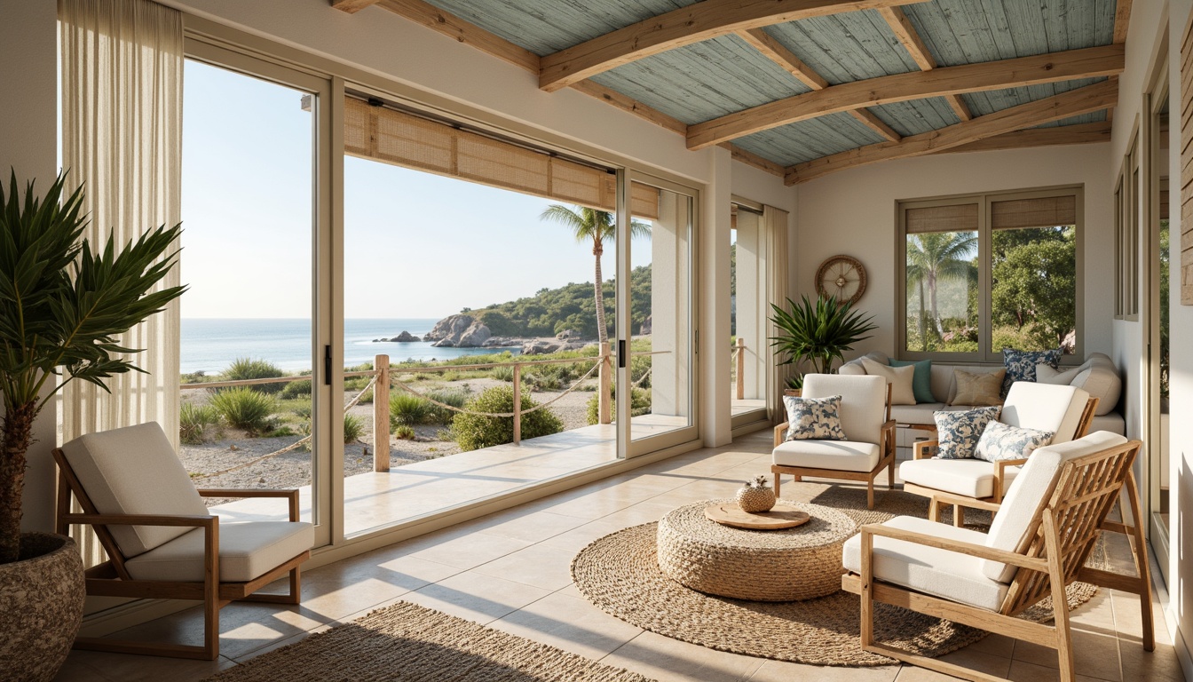 Prompt: Breezy open space, coastal vibe, natural textures, driftwood accents, nautical ropes, ocean-inspired color palette, soft beige walls, light blue ceilings, large windows, sliding glass doors, beachy furniture, woven rattan chairs, jute rugs, potted palm trees, coral-patterned fabrics, shells and pebbles decorations, subtle wave patterns, warm sunny day, soft golden lighting, shallow depth of field, 1/1 composition, realistic textures, ambient occlusion.