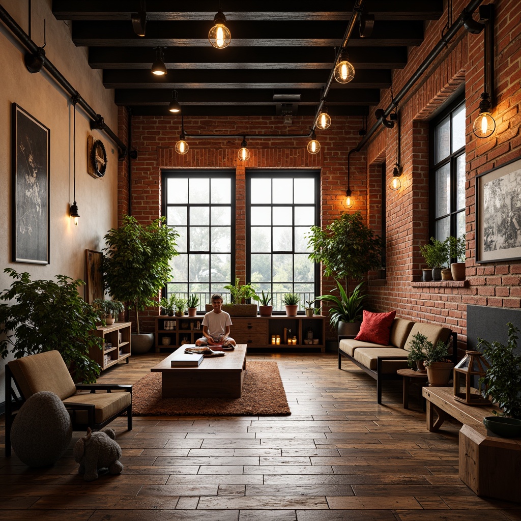 Prompt: Exposed brick walls, industrial metal beams, distressed wooden floors, vintage factory-style lighting fixtures, Edison bulb pendants, metal cage shades, reclaimed wood accents, rustic metal lanterns, urban loft-inspired decor, modern minimalist furniture, bold color schemes, statement art pieces, eclectic decorative accessories, playful kid-friendly elements, cozy reading nooks, warm atmospheric lighting, shallow depth of field, 1/1 composition, realistic textures, ambient occlusion.