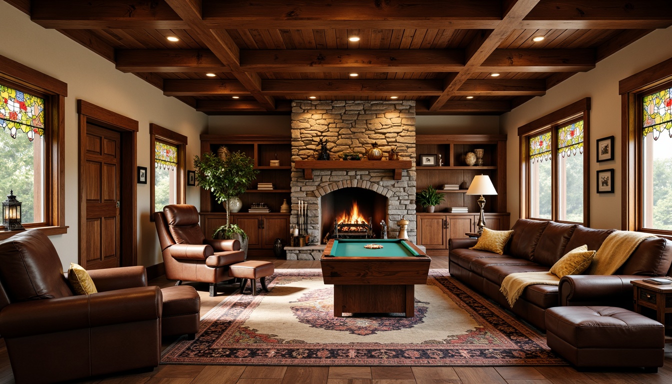 Prompt: Cozy game room, warm wood tones, rich leathers, vintage artifacts, wooden cabinetry, stone fireplace, rustic metal accents, plush area rugs, comfortable sofas, reclining armchairs, wooden coffee tables, lantern-style lighting, warm beige walls, natural stone flooring, earthy color palette, traditional Craftsman style, ornate wooden trim, stained glass windows, warm ambient lighting, soft shadows, 1/1 composition, realistic textures.