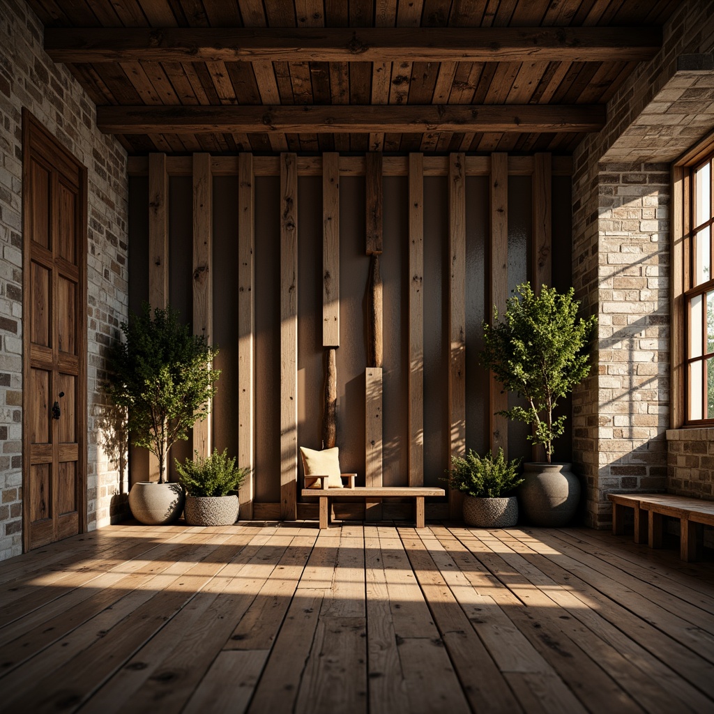 Prompt: Rustic wooden planks, weathered stone walls, distressed metal panels, rough-hewn brick facades, organic natural forms, earthy color palette, high-contrast shadows, ambient occlusion, detailed normal maps, realistic specular highlights, warm golden lighting, shallow depth of field, 1/1 composition, cinematic camera angles, dramatic atmospheric effects.