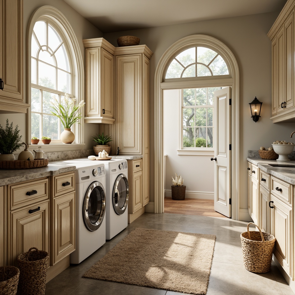 Prompt: Elegant laundry room, ornate wooden cabinets, vintage-inspired fixtures, soft creamy colors, natural stone countertops, classic arched windows, plush area rugs, subtle warm lighting, gentle steam effects, realistic fabric textures, shallow depth of field, 1/1 composition, symmetrical framing, antique bronze hardware, woven wicker baskets, crisp white linens, scented candles, ornamental plants, tranquil atmosphere.