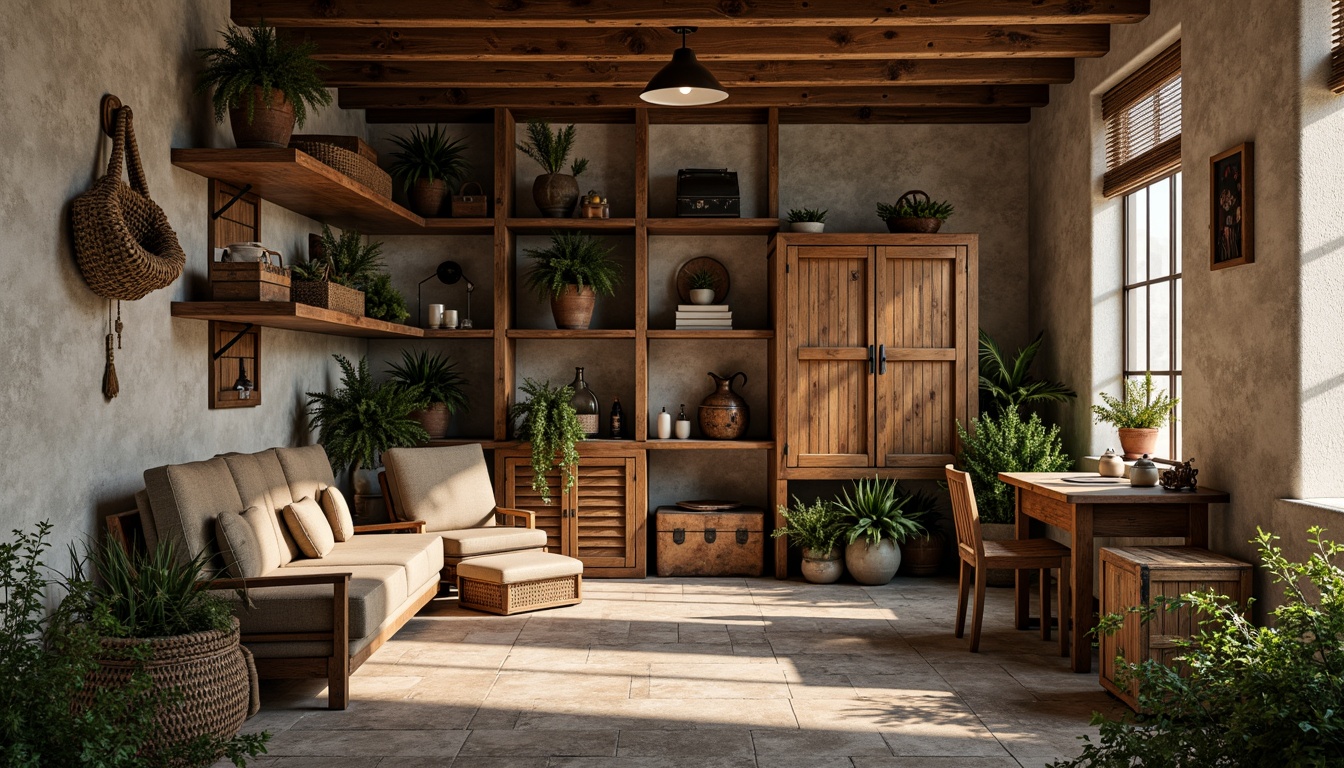 Prompt: Rustic storage room, reclaimed wood shelves, distressed metal brackets, earthy color palette, natural stone walls, wooden crates, vintage luggage, antique decorative items, warm soft lighting, shallow depth of field, 1/1 composition, realistic textures, ambient occlusion, rustic wooden floor, stone pathway, nature-inspired accents, woven baskets, potted plants, cozy reading nook, comfortable seating area.