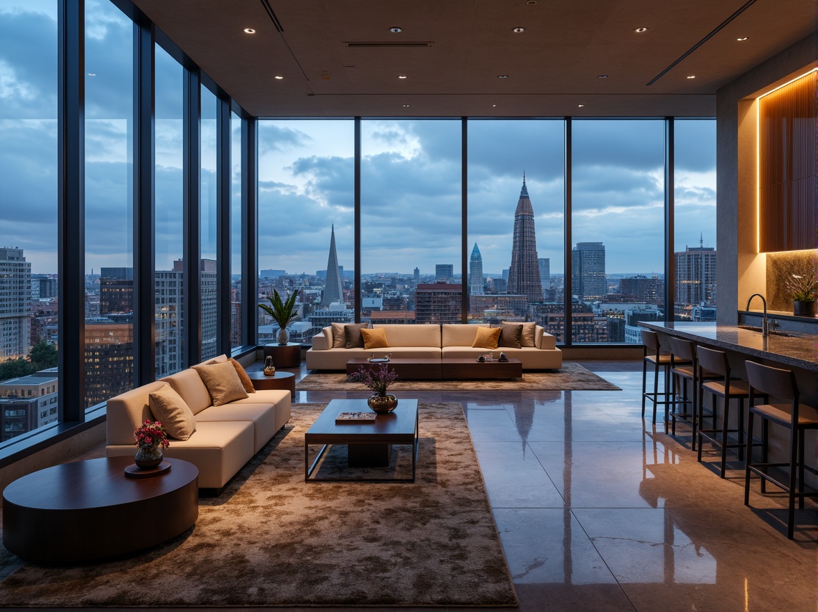 Prompt: Luxurious penthouse, sleek modern architecture, floor-to-ceiling windows, lavish furnishings, marble countertops, polished chrome fixtures, rich wood accents, plush carpets, sophisticated lighting systems, ambient cityscape views, cloudy blue skies, soft warm glow, shallow depth of field, 1/2 composition, realistic reflections, detailed normal maps.