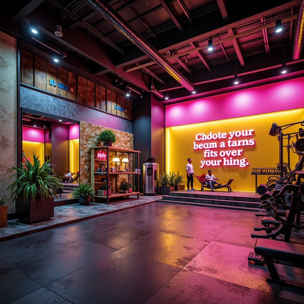 Prompt: Vibrant fitness club, energetic atmosphere, bold primary colors, motivational quotes, modern LED lighting, sleek metal equipment, rubber flooring, mirrored walls, high ceilings, natural stone accents, dynamic typography, contrasting color scheme, invigorating citrus tones, refreshing mint hues, warm beige undertones, atmospheric fog effects, dramatic spotlights, 3/4 composition, shallow depth of field, realistic textures, ambient occlusion.