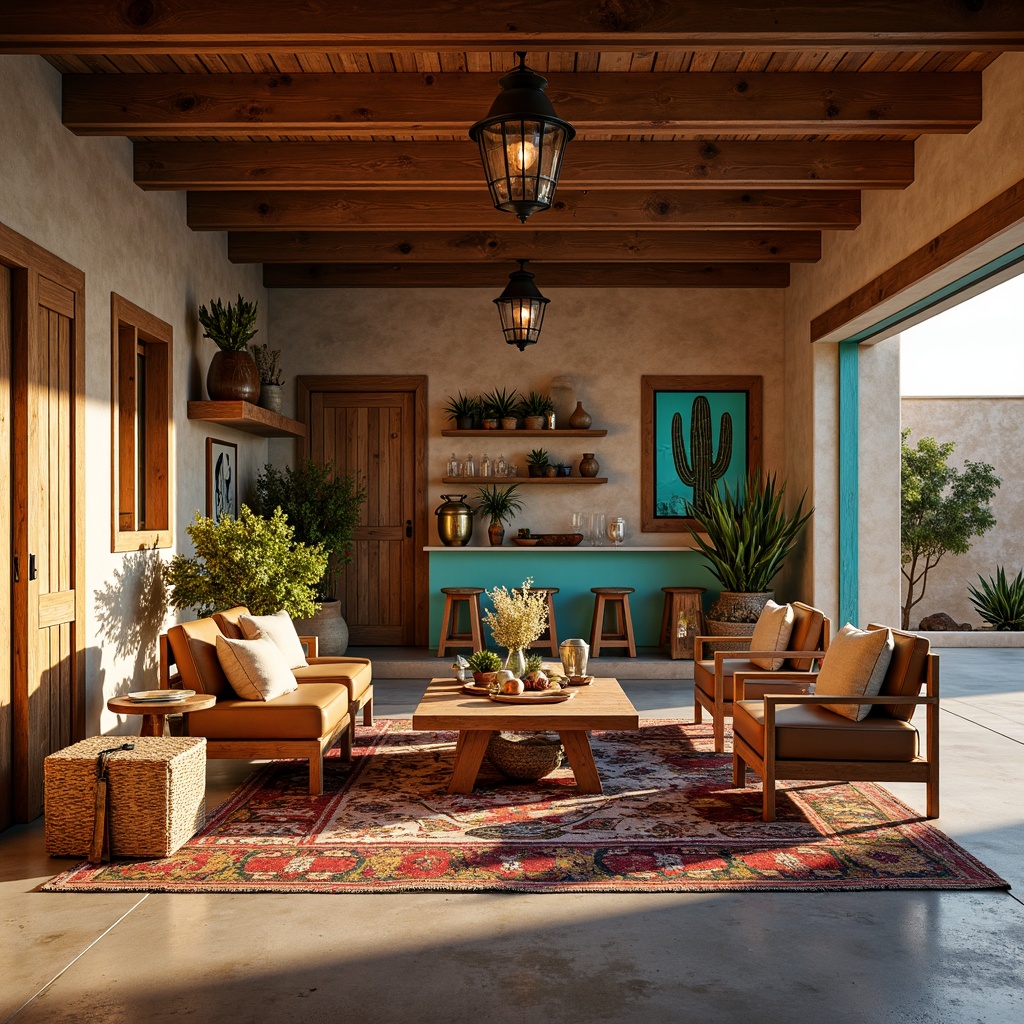 Prompt: Southwestern-style family garage, warm earthy tones, rustic wooden furniture, vintage metal decorations, woven wicker storage baskets, colorful Aztec-patterned textiles, distressed leather armchairs, reclaimed wood coffee tables, pendant lanterns with natural linen shades, exposed brick walls, concrete floors, desert-inspired botanical prints, cacti plants, vibrant turquoise accents, industrial-style metal shelving, retro-themed neon signs, warm golden lighting, shallow depth of field, 3/4 composition, realistic textures, ambient occlusion.